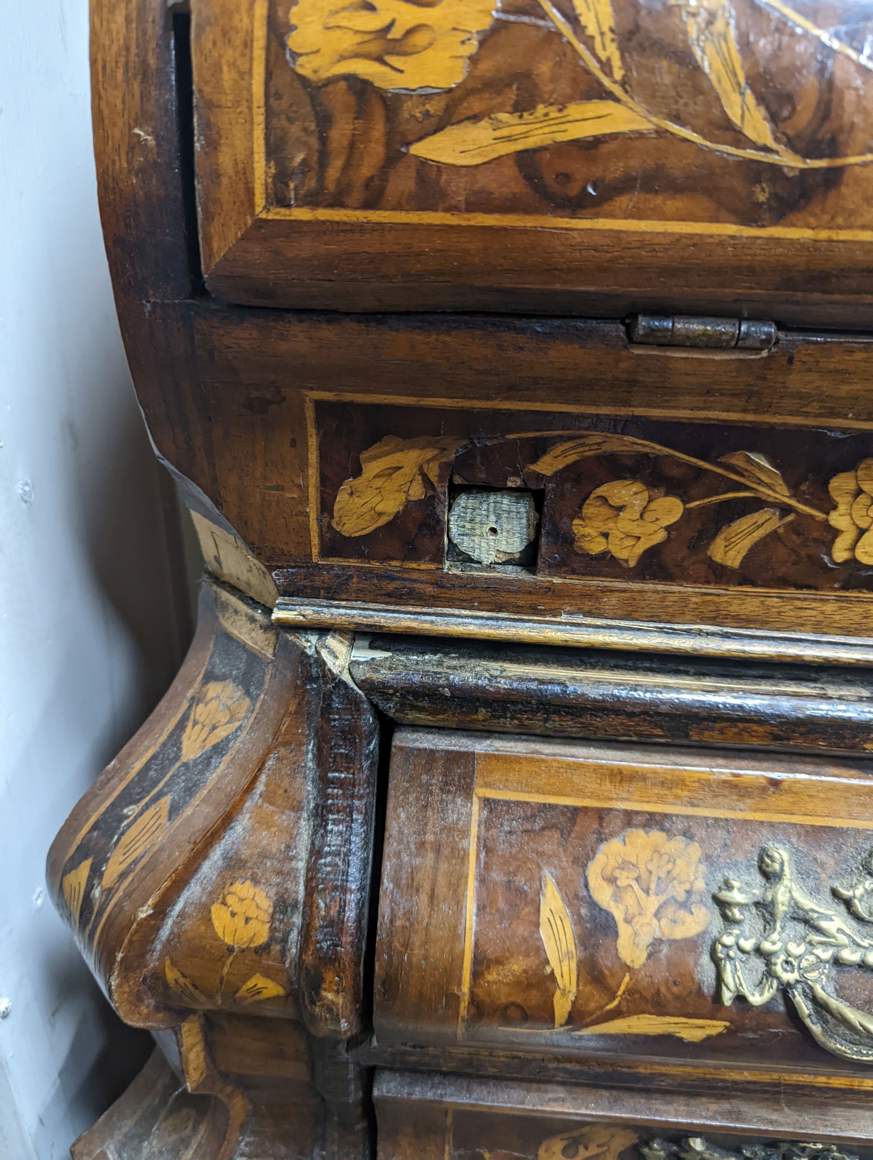 A Dutch floral marquetry walnut bombe bureau cabinet, width 120cm, depth 60cm, height 210cm